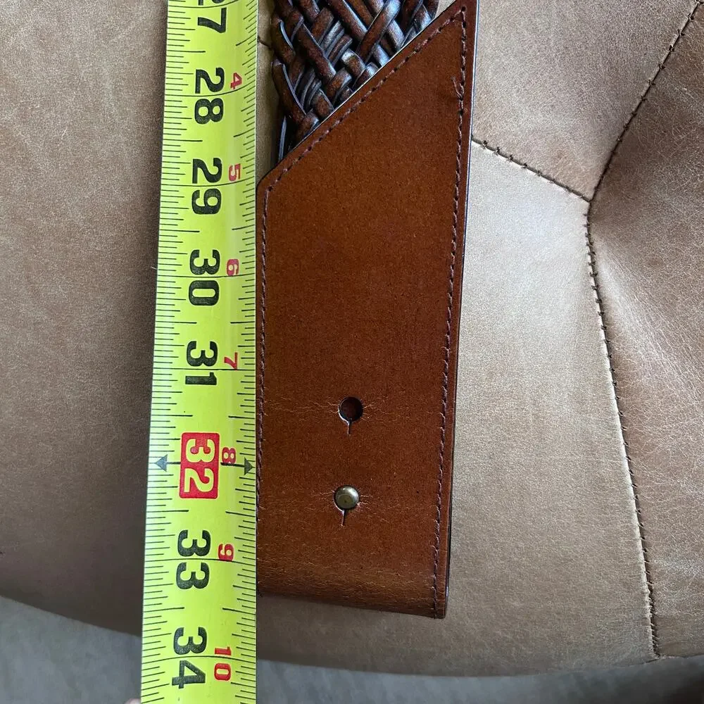 Wide Woven Leather Belt Brown Oversized Ring Buckle Boho Western Cowgirl Women M